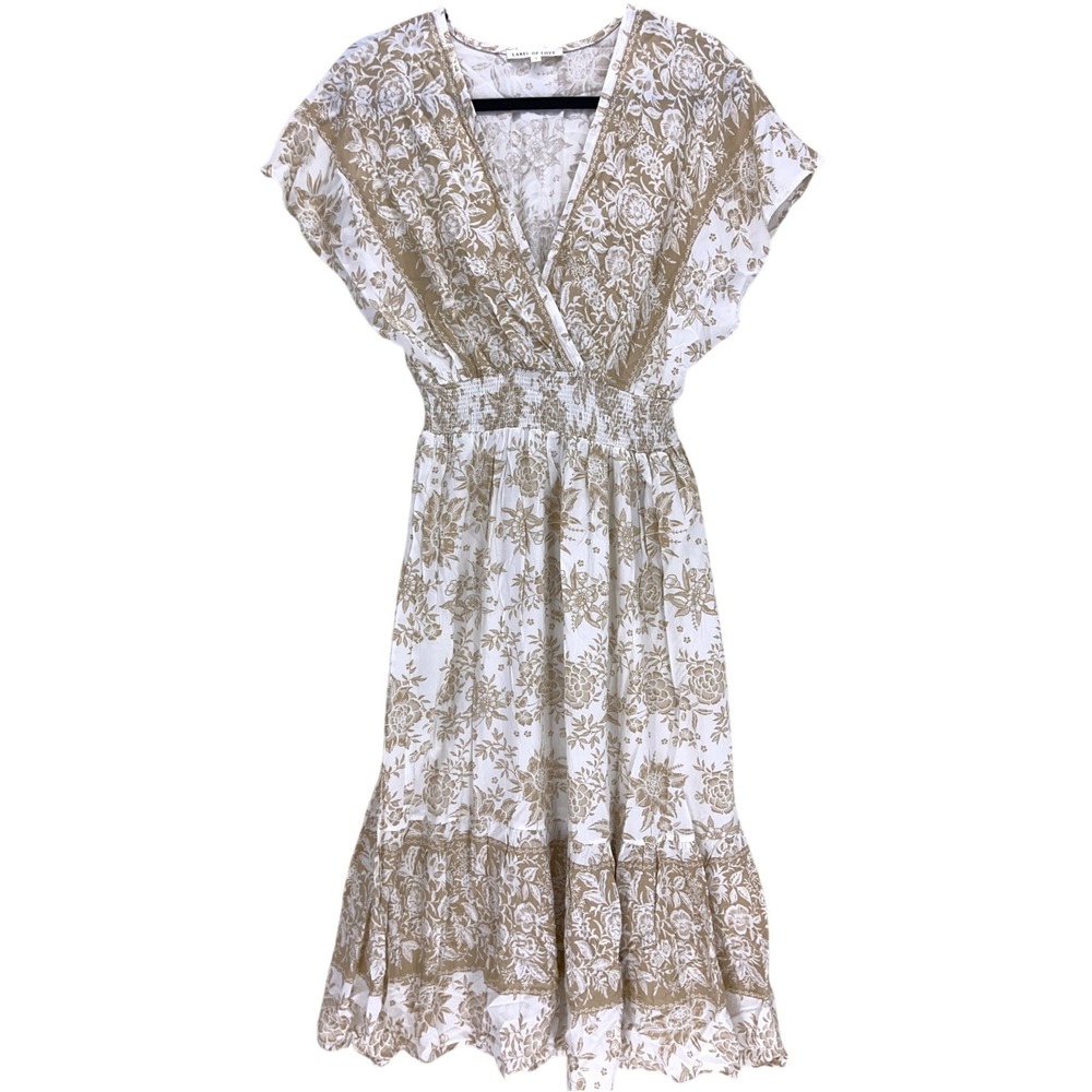 Label of Love Tan White Floral Smocked Waist Tiered Midi Dress S Boho